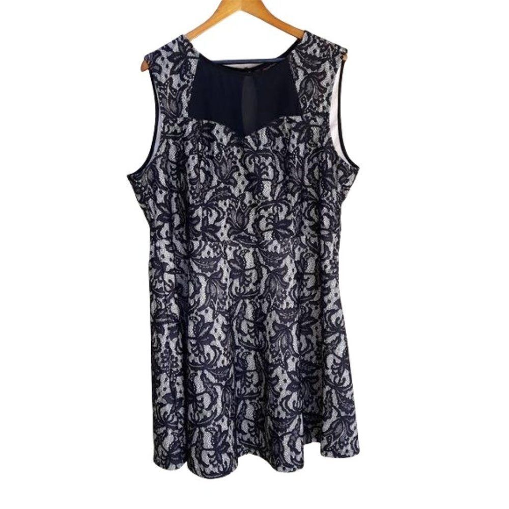 Heart Soul Lace Overlay Illusion Sweetheart Skater Dress Fit & Flare Blk Sz 3X‎